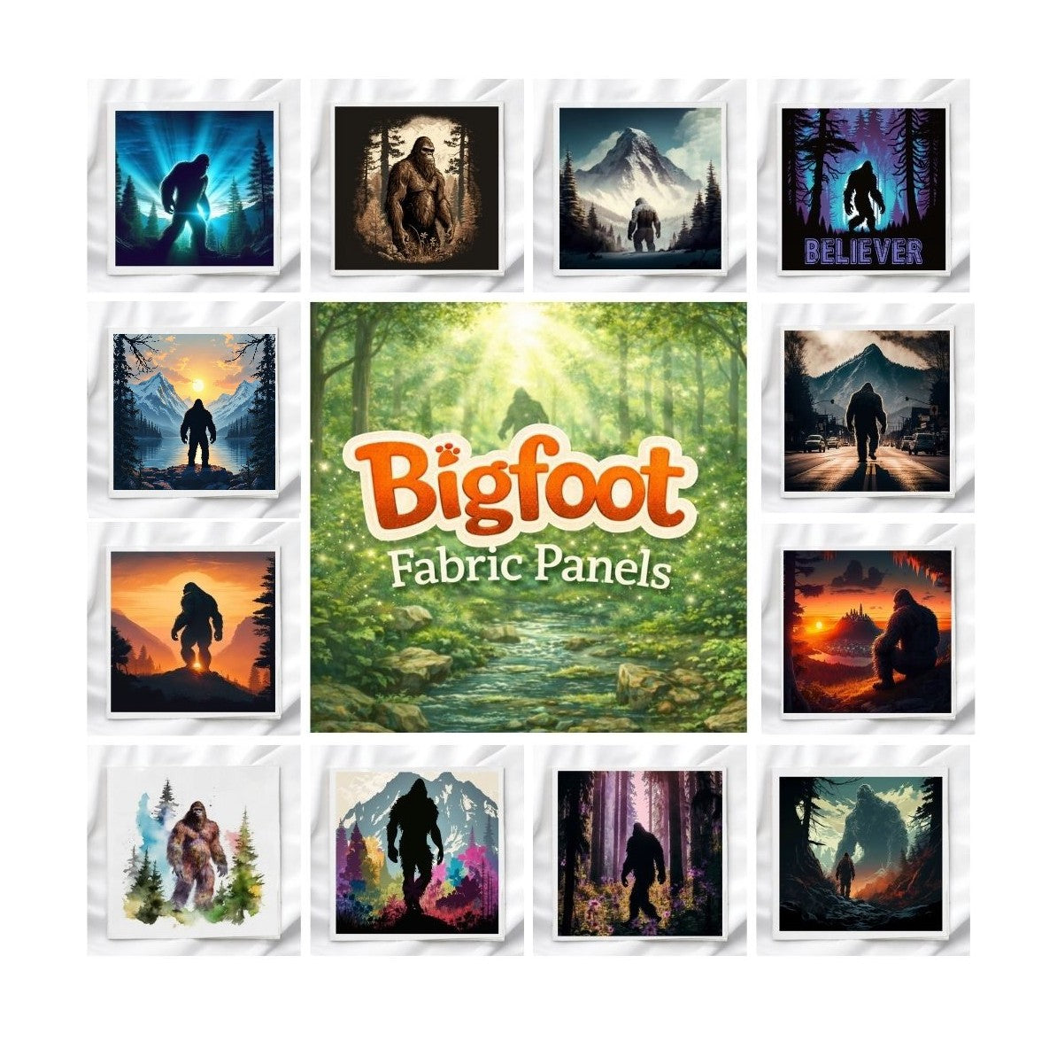 Bigfoot Set of 12 Fabric Panels, Quilt Blocks, Fabric Squares, Craft Fabric