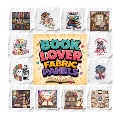 Book Lover Set of 12 Fabric Panels, Quilt Blocks, Fabric Squares, Craft Fabric