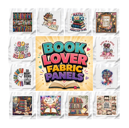 Book Lover Set of 12 Fabric Panels, Quilt Blocks, Fabric Squares, Craft Fabric