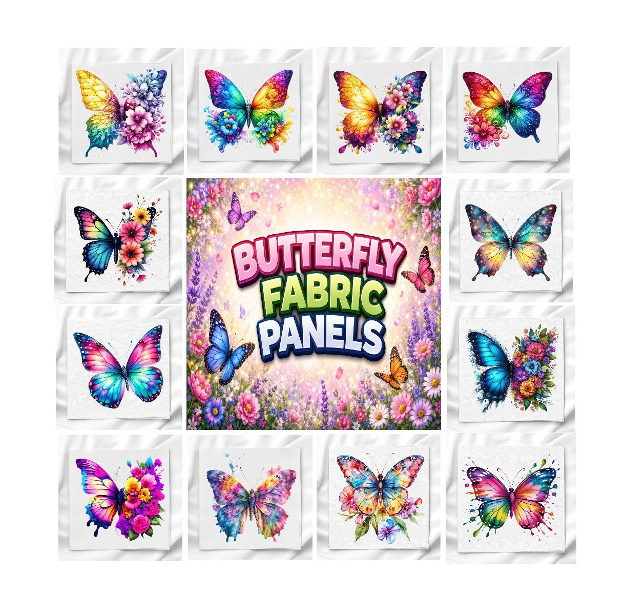 Butterfly Set of 12 Fabric Panels, Quilt Blocks, Fabric Squares, Craft Fabric