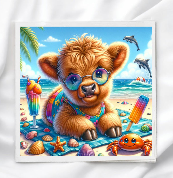 Cow on Beach Fabric Panel Quilt Block