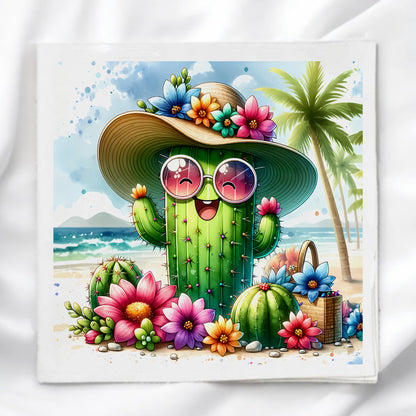 Cute Cactus on the Beach Fabric Panel Quilt Block