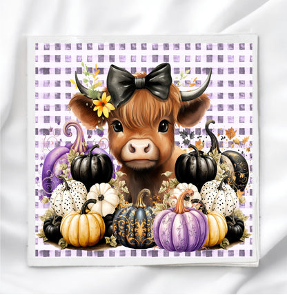 Cute Cow with Pumpkins Fabric Panel Quilt Block