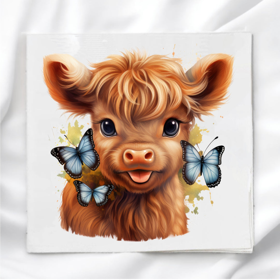 Highland Cow with Butterflies Fabric Panel Quilt Block