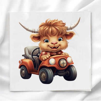 Highland Cow in Car Fabric Panel Quilt Block