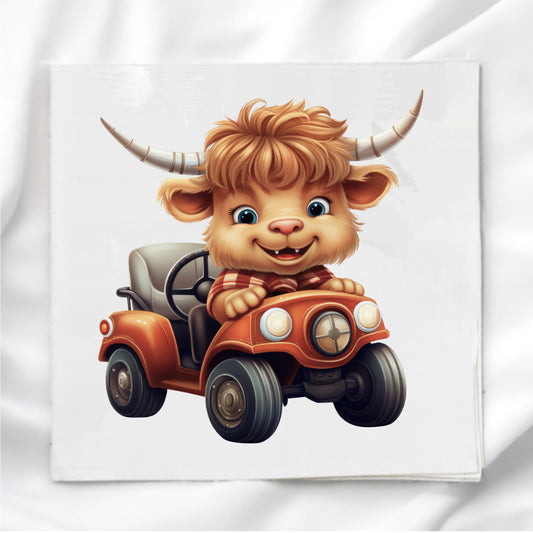 Highland Cow in Car Fabric Panel Quilt Block