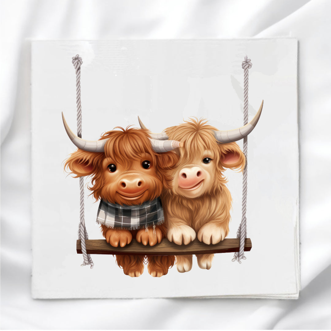 Highland Cows In Swing Fabric Panel Quilt Block