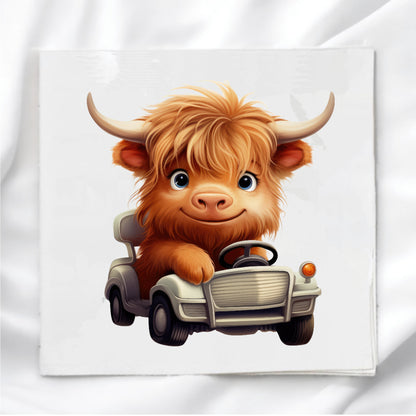 Highland Cow in Car Fabric Panel Quilt Block