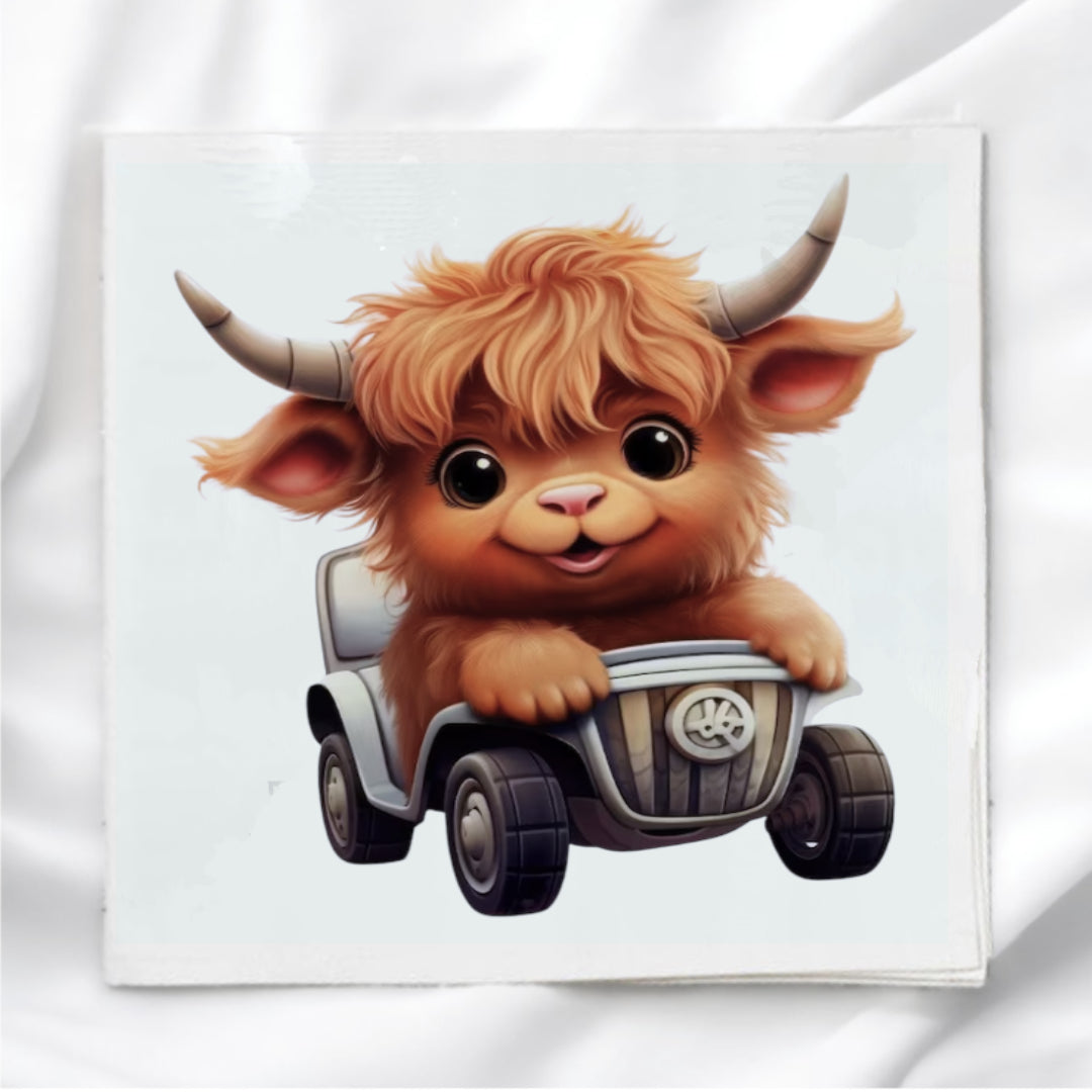 Highland Cow in Car Fabric Panel Quilt Block