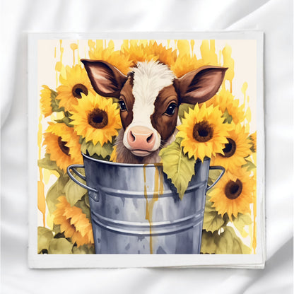 Cow in Sunflower Tub Fabric Panel Quilt Block
