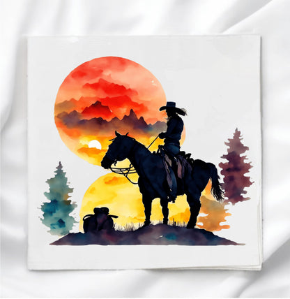 Sunset Cowboy on Horse Fabric Panel Quilt Block