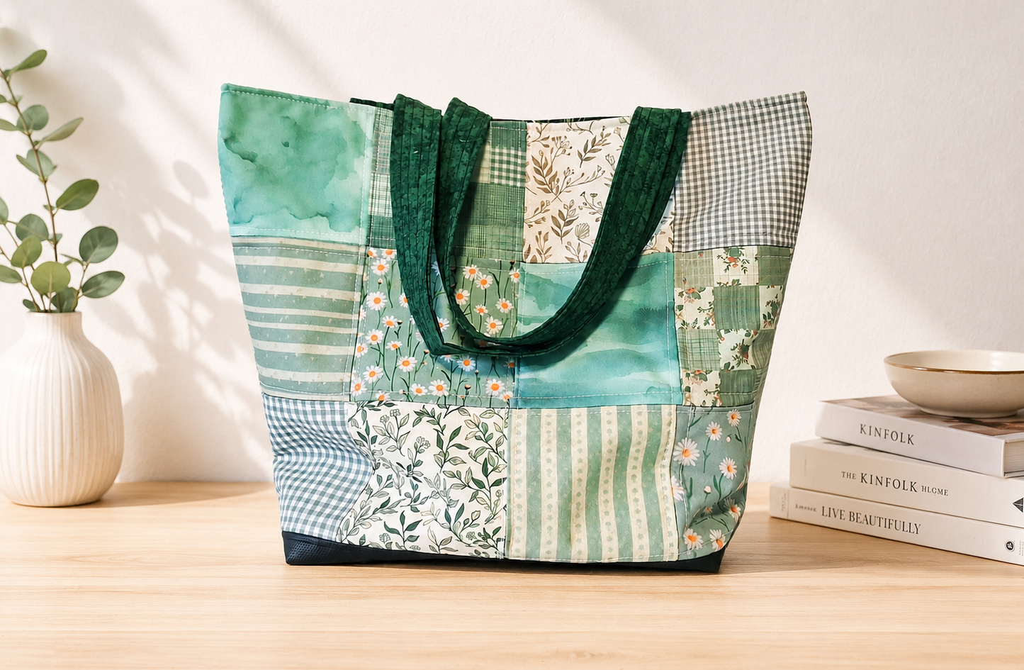 Green Botanical Quilted Tote Bag