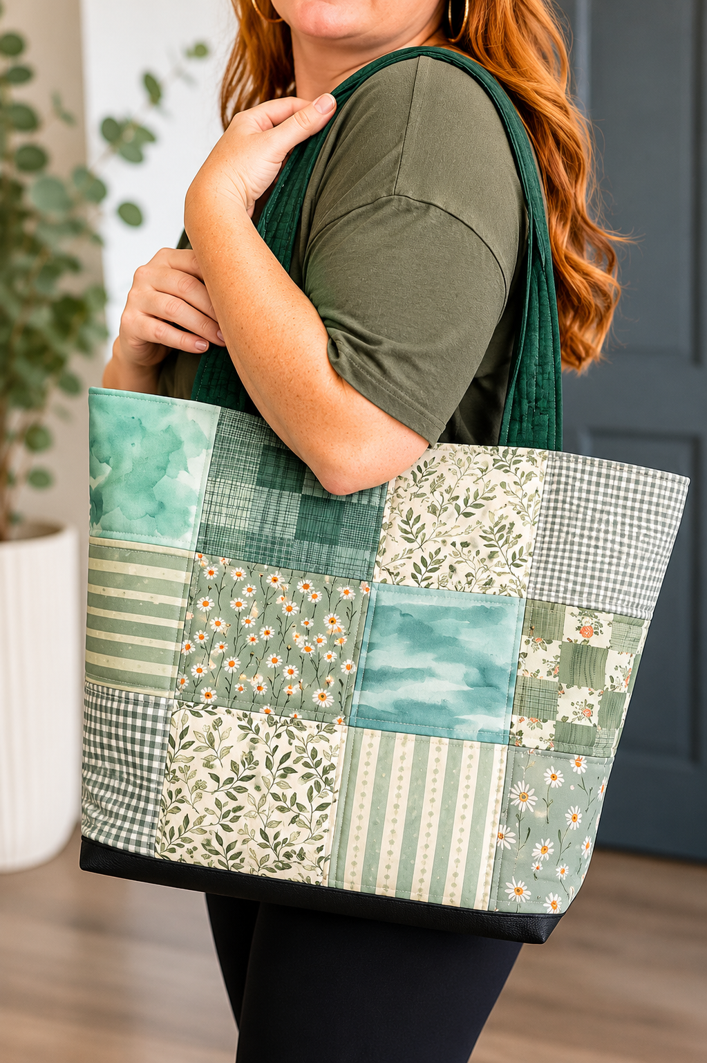 Green Botanical Quilted Tote Bag
