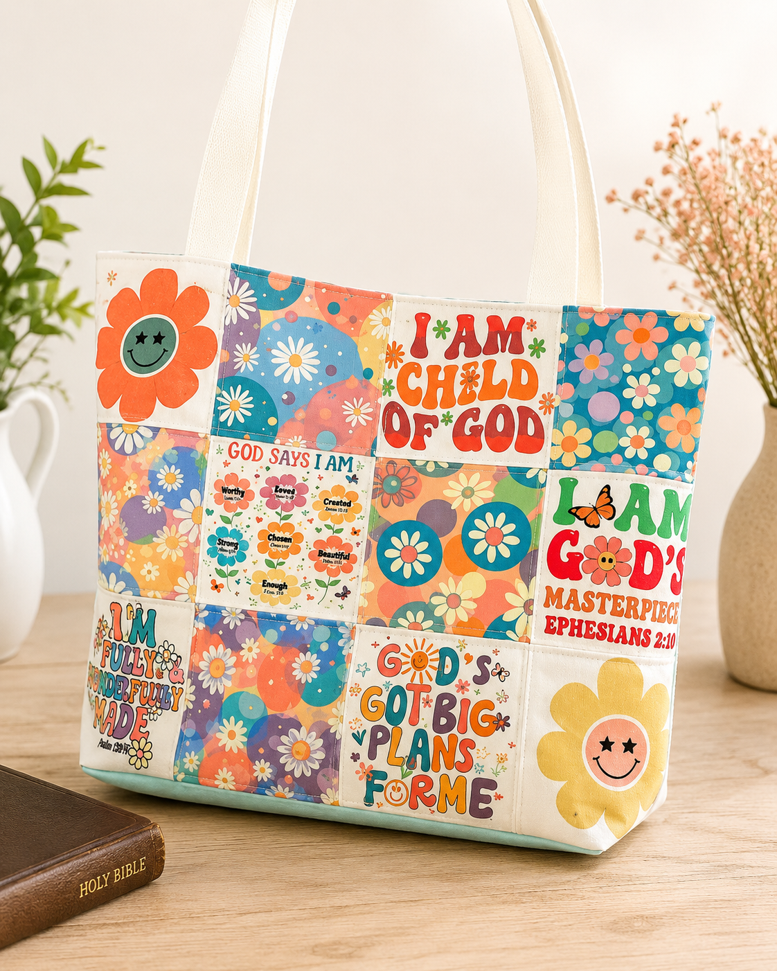 Patchwork Quilted Tote Bag, I Am a Child of God