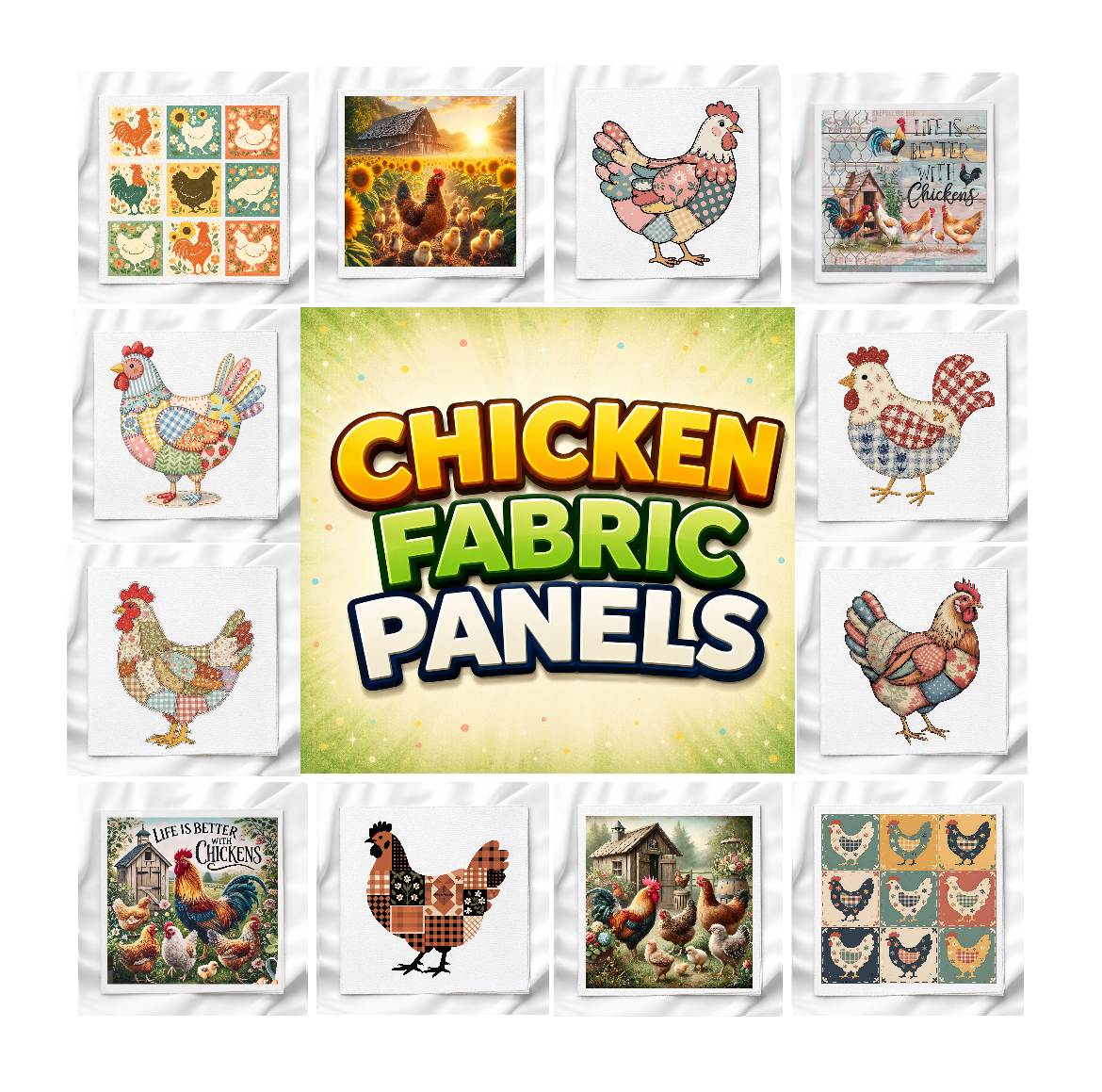 Chickens Set of 12 Fabric Panels, Quilt Blocks, Fabric Squares, Craft Fabric