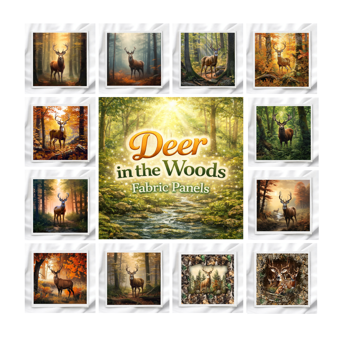 Deer In The Woods Set of 12 Fabric Panels, Quilt Blocks, Fabric Squares, Craft Fabric