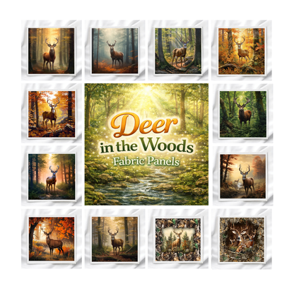 Deer In The Woods Set of 12 Fabric Panels, Quilt Blocks, Fabric Squares, Craft Fabric