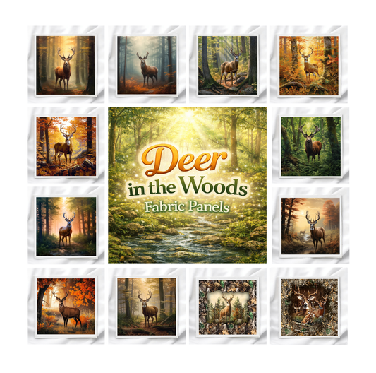 Deer In The Woods Set of 12 Fabric Panels, Quilt Blocks, Fabric Squares, Craft Fabric