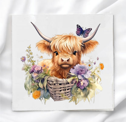 Highland Cow In Flower Basket Fabric Panel Quilt Block