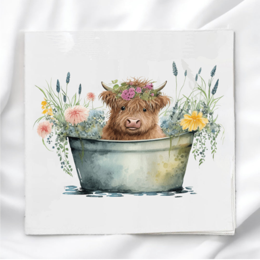 Highland Cow in Flower Bucket Fabric Panel Quilt Block