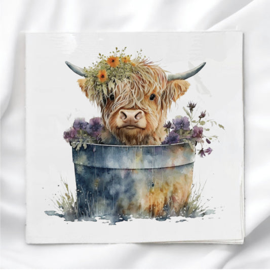 Highland Cow in Bucket Fabric Panel Quilt Block