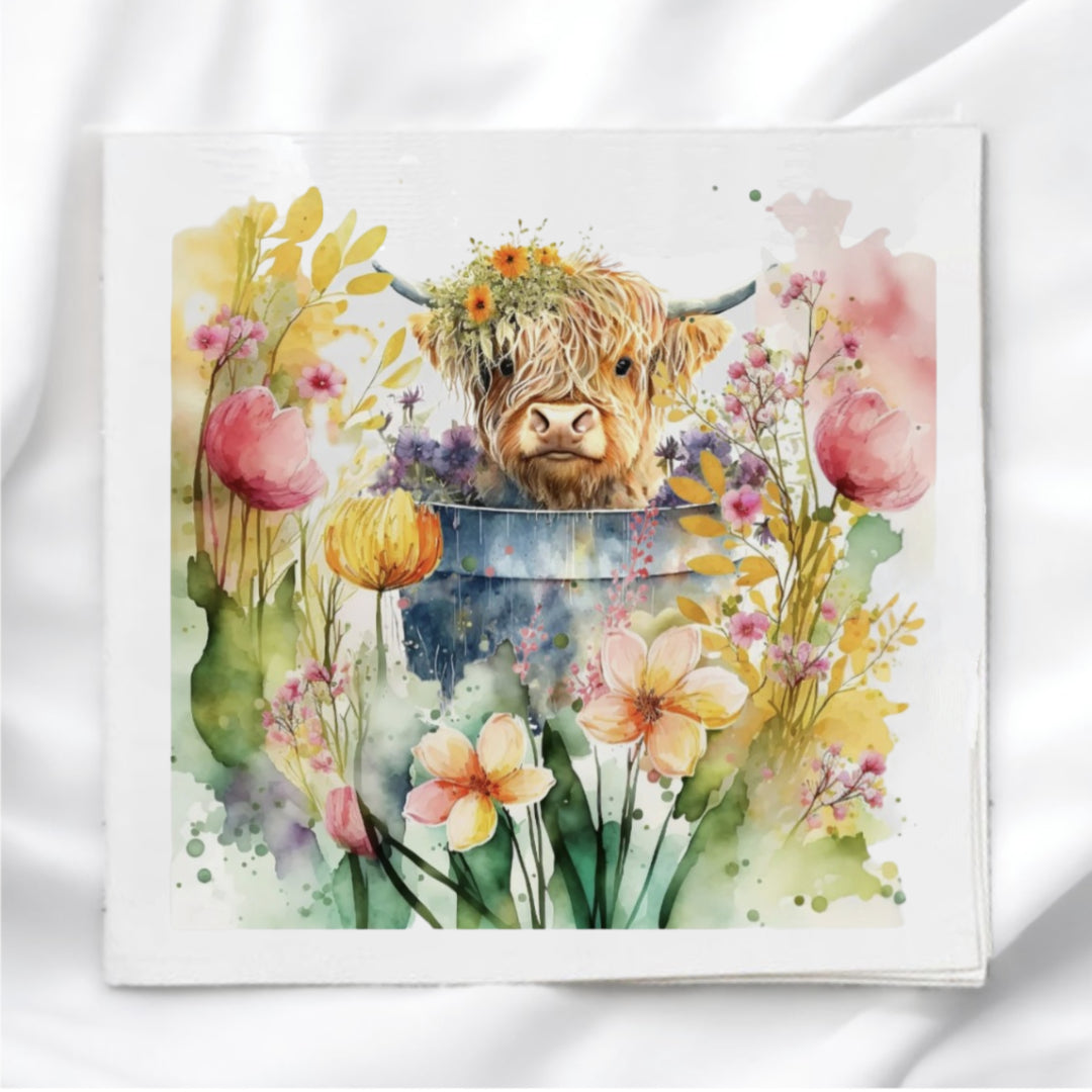 Highland Cow in Flower Bucket Fabric Panel Quilt Block