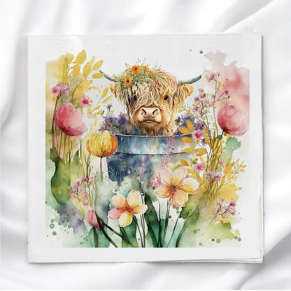 Highland Cow in Flower Bucket Fabric Panel Quilt Block