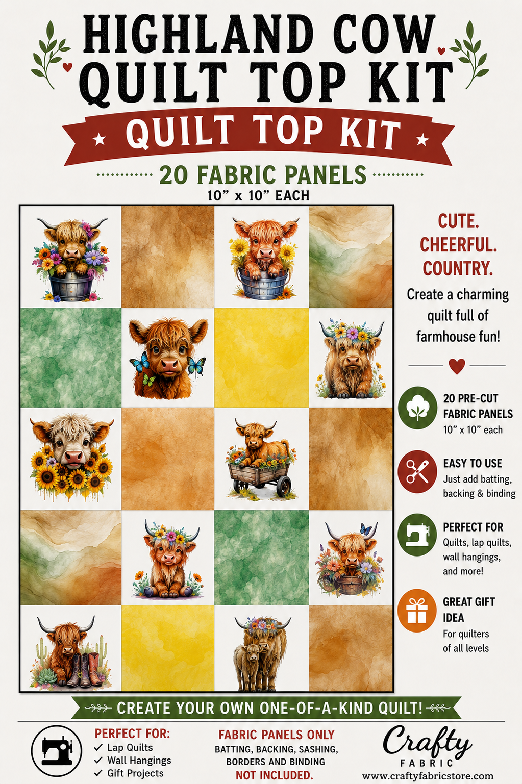 Highland Cow Quilt Top Kit | DIY Quilt Top Kit for Beginners | Sew A Quilt