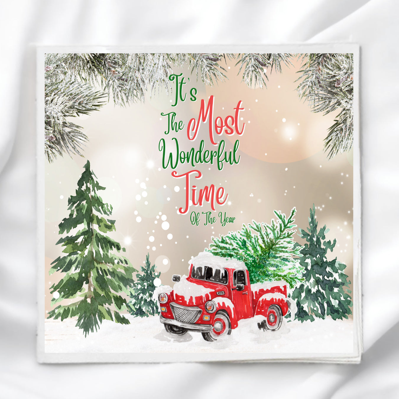 Christmas Red Truck Scene Fabric Panel Quilt Block