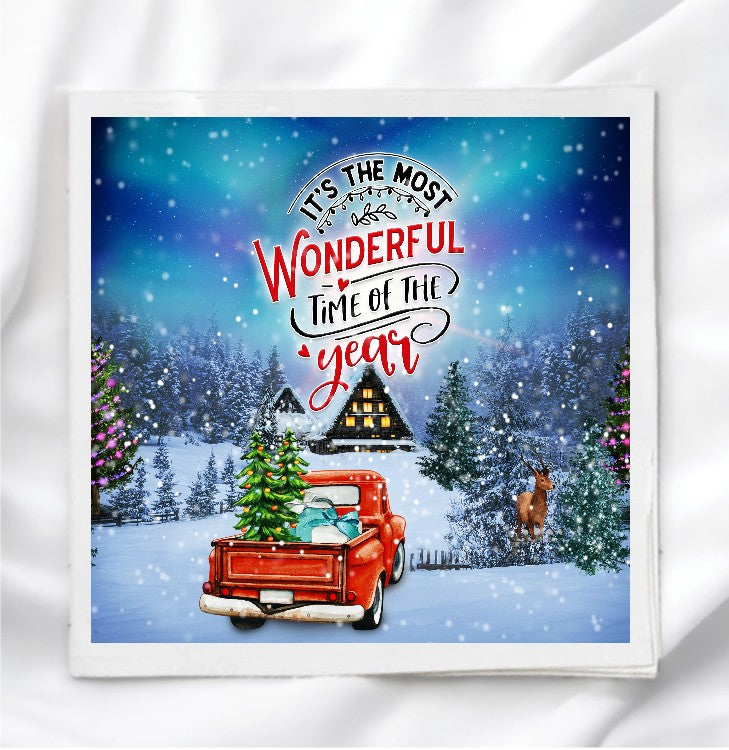Christmas Red Truck Scene Fabric Panel Quilt Block