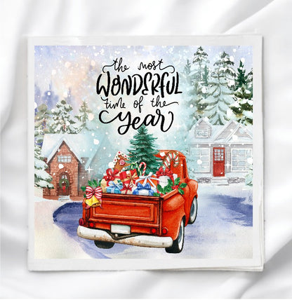 Christmas Red Truck Scene Fabric Panel Quilt Block