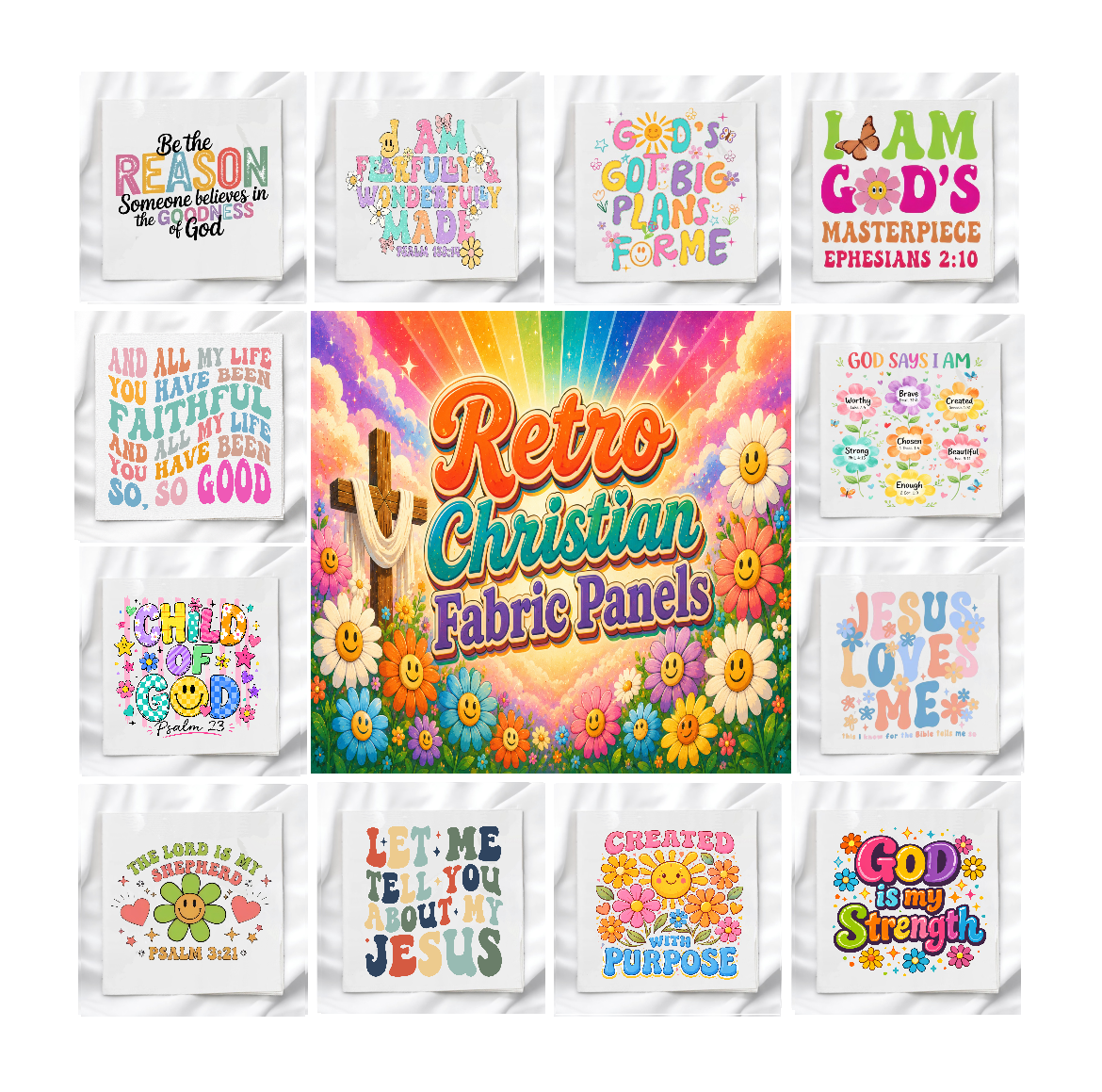 Retro Christian Set of 12 Fabric Panels, Quilt Blocks, Fabric Squares, Craft Fabric