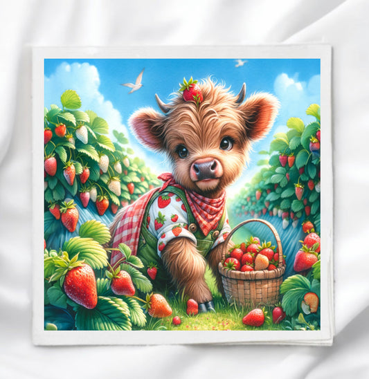 Cow In Strawberry Field Fabric Panel Quilt Block