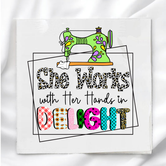 She Works With Her Hands With Delight Fabric Panel Quilt Block
