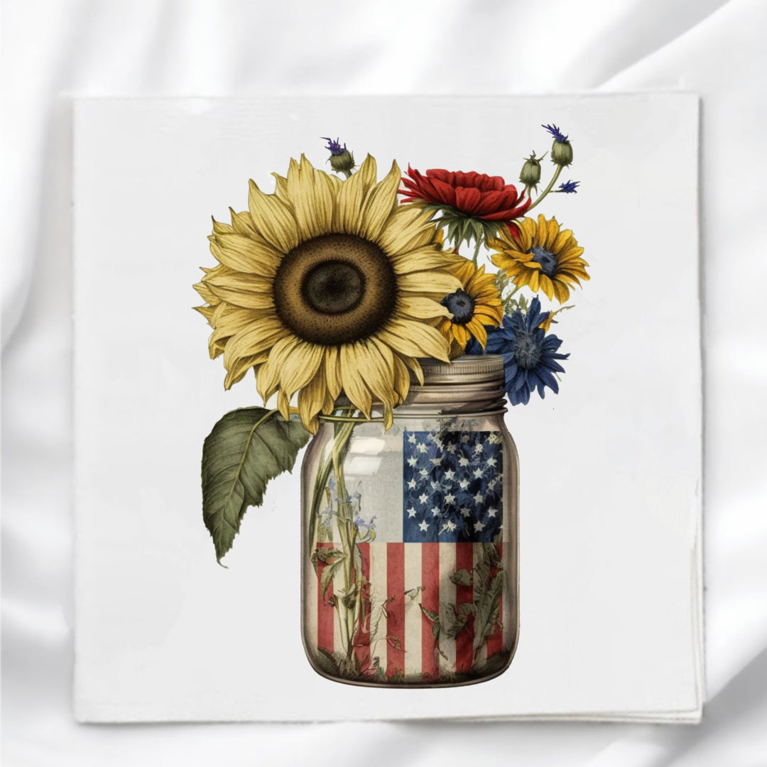Sunflower in Patriotic Jar Fabric Panel Quilt Block