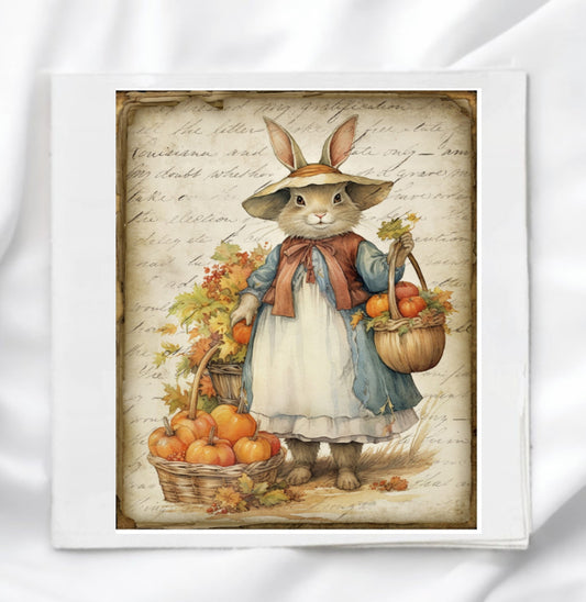 Vintage Autumn Rabbit Fabric Panel Quilt Block