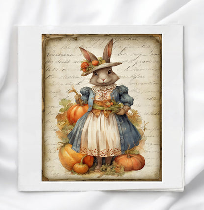 Vintage Autumn Rabbit Fabric Panel Quilt Block