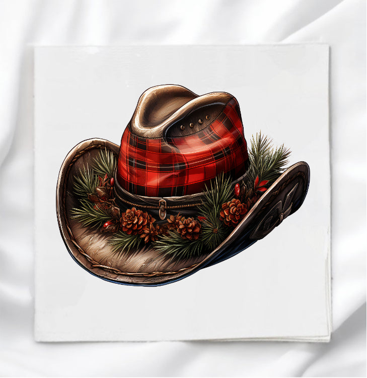 Christmas Western Hat Fabric Panel Quilt Block