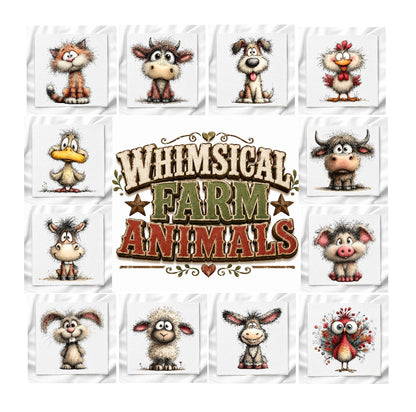 Whimsical Farm Animals Set of 12 Fabric Panels, Quilt Blocks, Fabric Squares, Craft Fabric