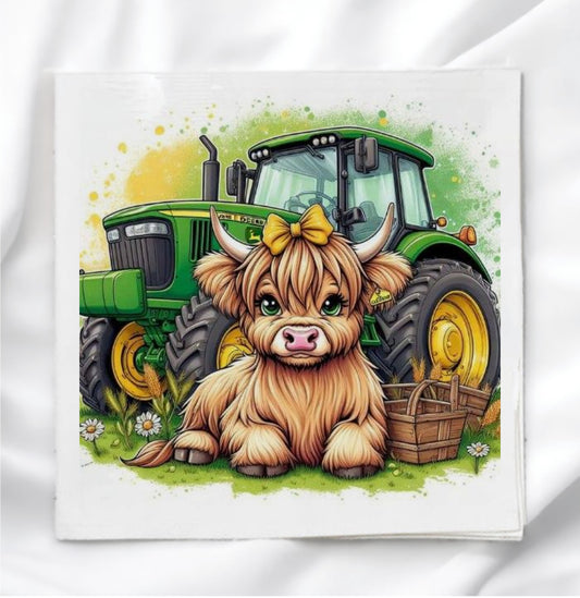Cow with Green Tractor Fabric Panel Quilt Block