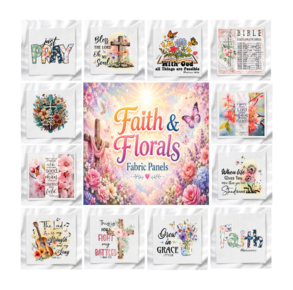 Faith & Florals Set of 12 Fabric Panels, Quilt Blocks, Fabric Squares, Craft Fabric