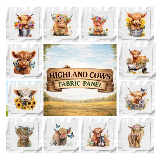 Highland Cow Set of 12 Fabric Panels, Quilt Blocks, Fabric Squares, Craft Fabric
