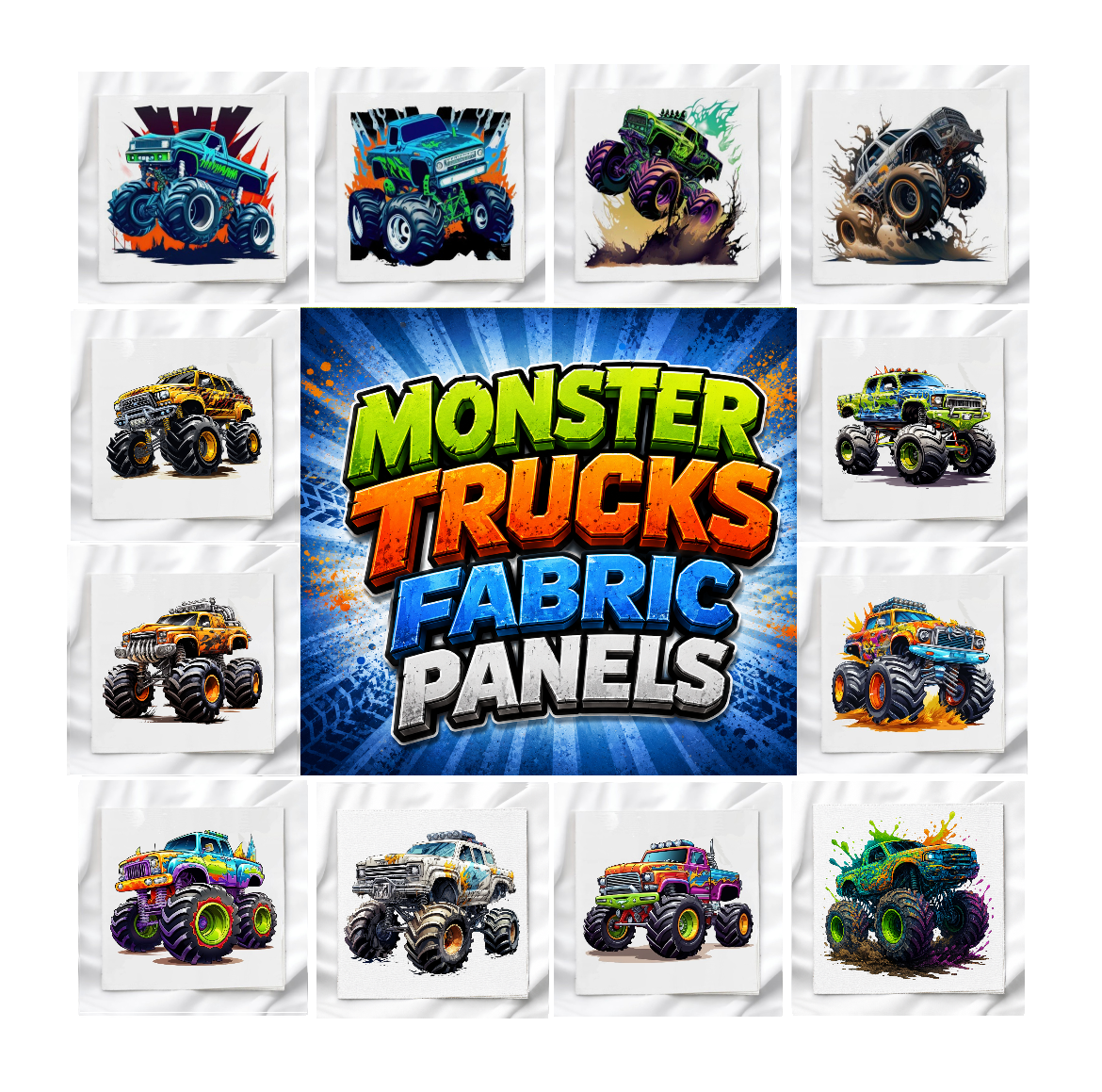 Monster Trucks Set of 12 Fabric Panels, Quilt Blocks, Fabric Squares, Craft Fabric