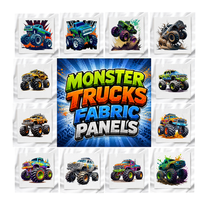 Monster Trucks Set of 12 Fabric Panels, Quilt Blocks, Fabric Squares, Craft Fabric